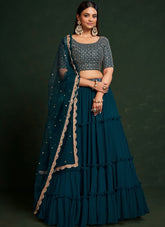 Teal Blue Colour Partywear Lehenga Choli Looking Posh